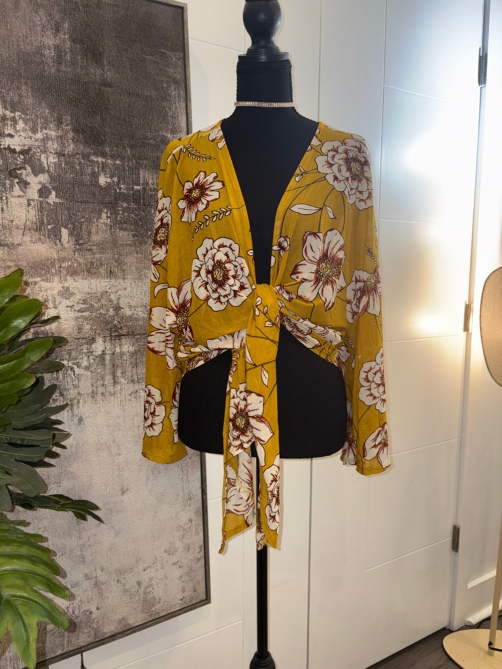Mustard Floral Tie-Front Blouse - Women's Top